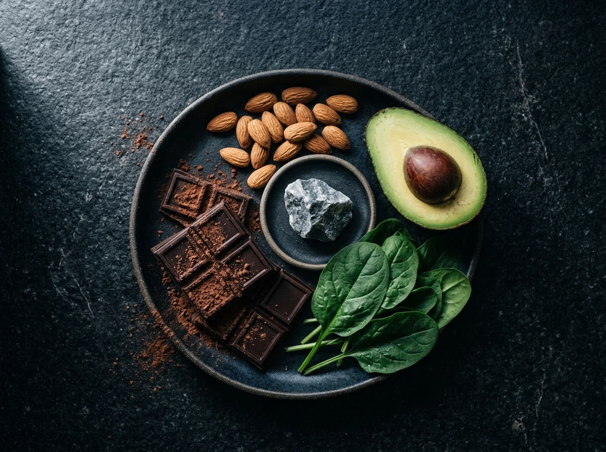 Magnesiumrika livsmedel: mörk choklad, mandel, spenat och avokado