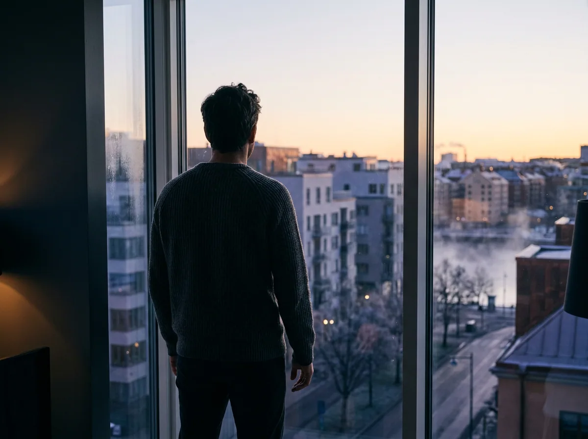 Anonym man sedd bakifrån, blickar ut mot Stockholms gryning genom ett stort fönster