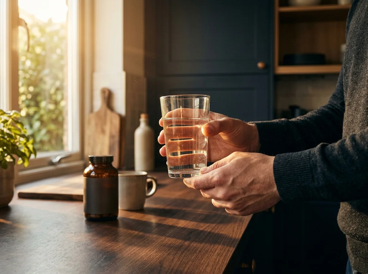 Händer håller ett glas vatten vid ett soligt köksfönster med kosttillskottsflaska i bakgrunden